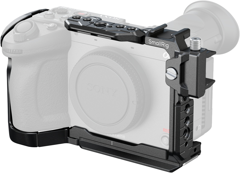 The SmallRig 5587 Cage for Sony FX2 is attached to the camera, providing additional mounting points and protection. The camera appears in a grey colour, drawing attention to the design and features of the cage.