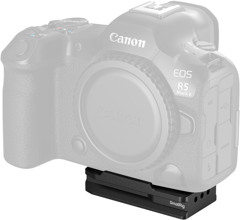 Canon EOS R5 Mark II, jonka runko on suurimmaksi osaksi häivytetty, ja jossa korostuu kameran jalustaan kiinnitetty musta SmallRig 5424 Airtag Arca-Swiss Mount Plate for Canon.