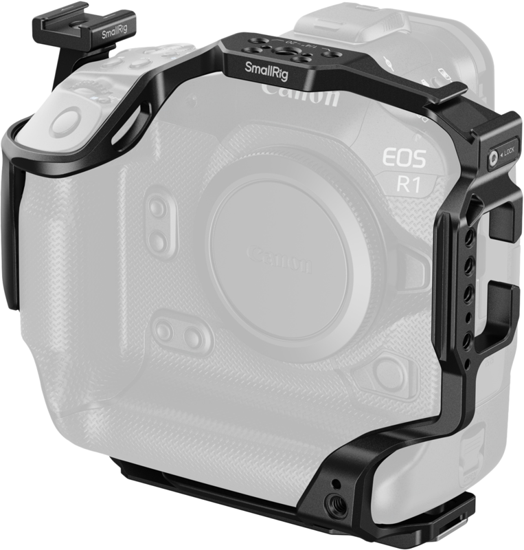 The SmallRig 5413 Cage for Canon EOS R1, pictured in black on the grey-toned Canon EOS R1, adds extra storage and multiple mounting points for accessories, with just the cage in full colour.