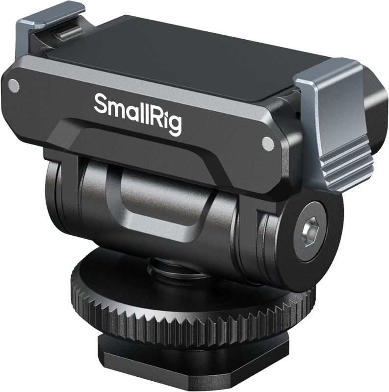SmallRig 5436 Quick Release Support for DJI Osmo Action 5 Pro/4/3 sisältää mustan ja hopeanvärisen kiinnitysalustan, pyörivän nivelen, kiinnitysklipsejä ja kylmäkengän lisävarusteiden kiinnittämistä varten kameraan tai rigiin.