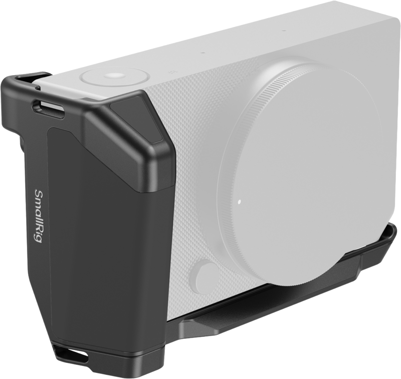 Lähikuva SmallRig 5389 L-muotoisesta kiinnityslevystä, jossa on kahva Sigma BF Blackille, kiinnitettynä osittain läpinäkyvän kameran vasempaan kylkeen, osoittaa sen ergonomisen muotoilun ja turvallisen istuvuuden.