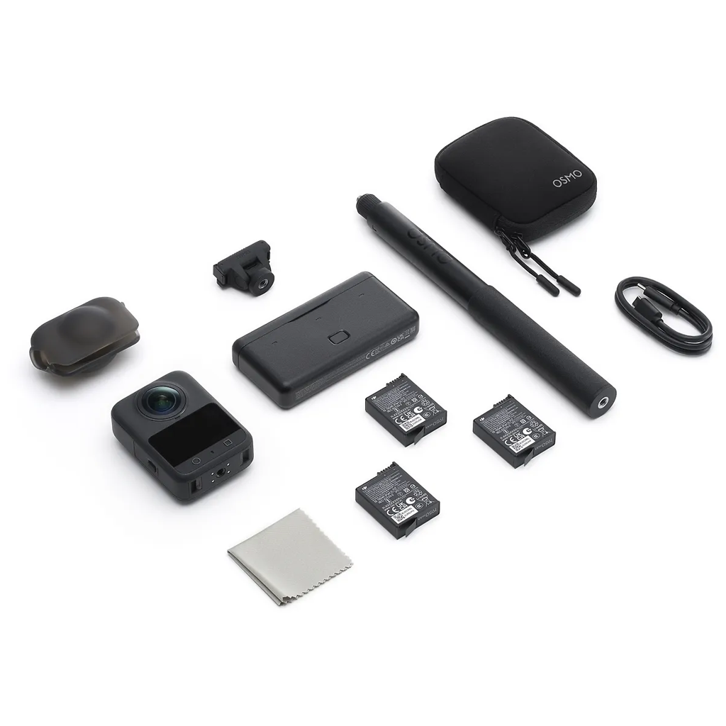The DJI Osmo 360 Adventure Combo includes an action camera, two batteries, handle, carrying case, lens cover, mounting bracket, charging cable, cleaning cloth and battery charger - all neatly arranged on a white surface.