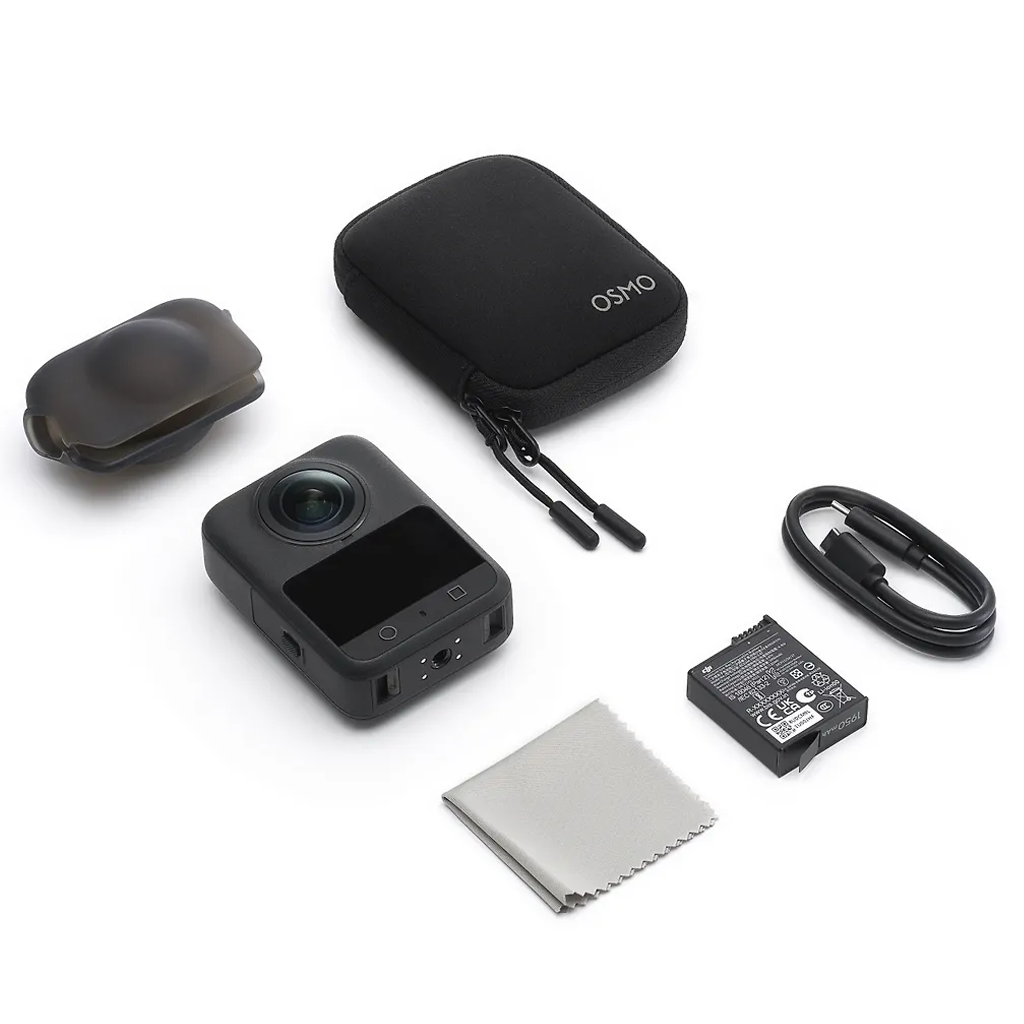 The DJI Osmo 360 Standard Combo includes a compact action camera, lens cover, black "OSMO" carrying case, USB cable, battery and cleaning cloth, all neatly arranged on a white background.