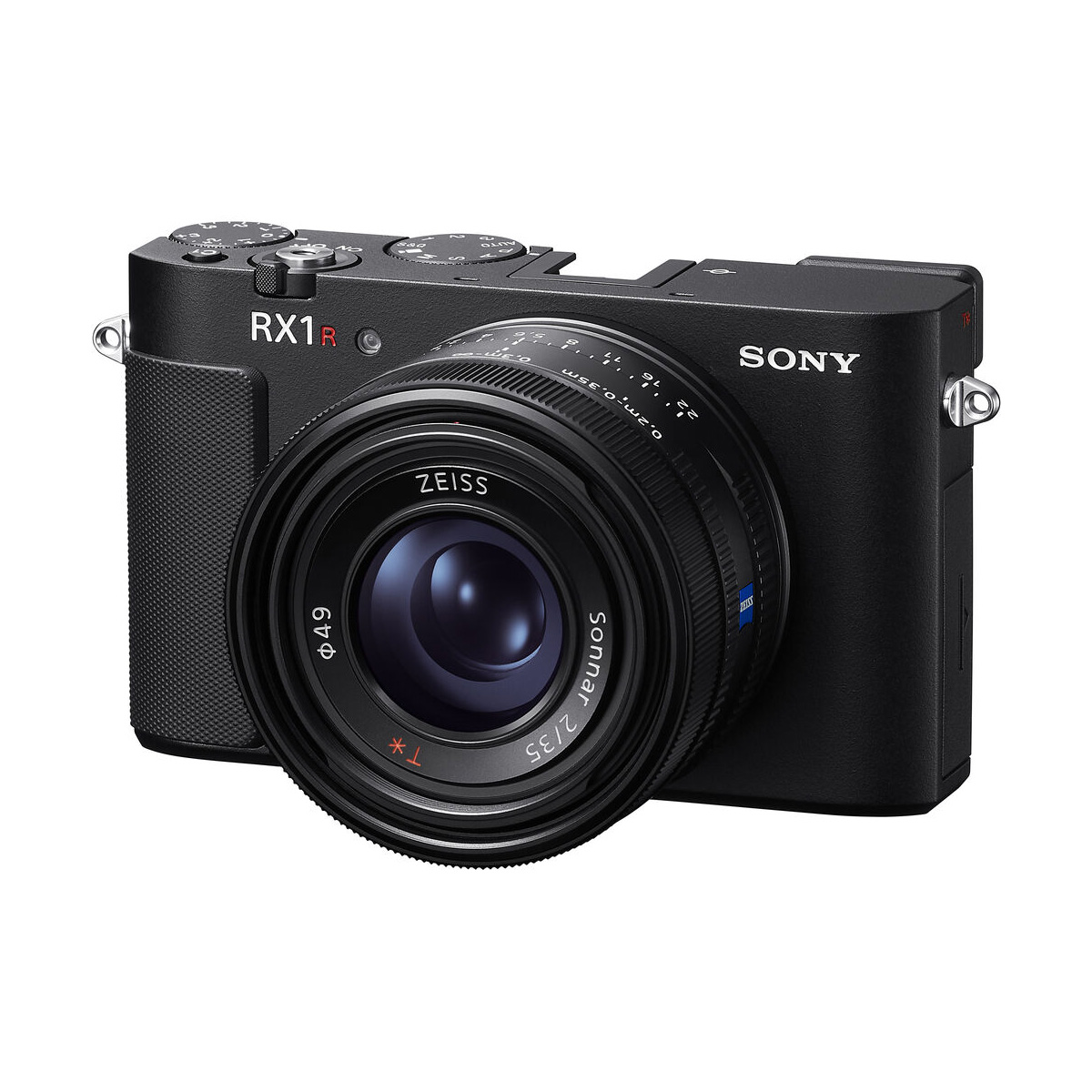 The black Sony RX1R III compact camera with ZEISS lens appears on a white background, highlighting the lens, dials and textured grip.