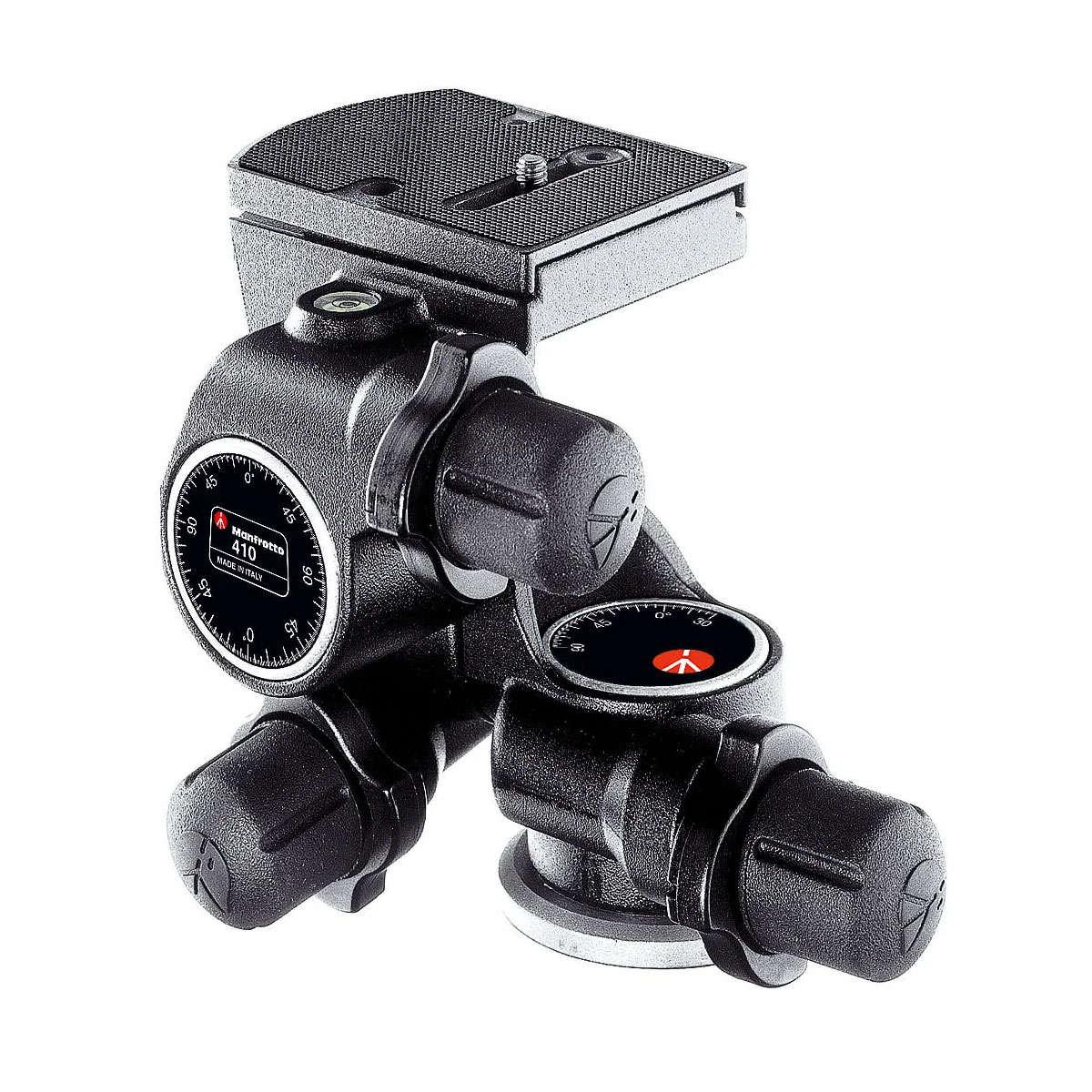 Manfrotto Geared Head Junior 410 on musta, kolmitoiminen panorointi- ja kallistuspää, jossa on säätönupit, pikavapautuslevy, mittamerkit ja punaiset Manfrotto-logot, kuvassa eristettynä valkoisella pohjalla.