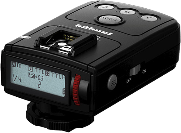 A Hähnel Viper TTL Canon transmitter and receiver, black camera flash trigger with digital display, buttons, red control knob and power switch presented on a beveled white background.