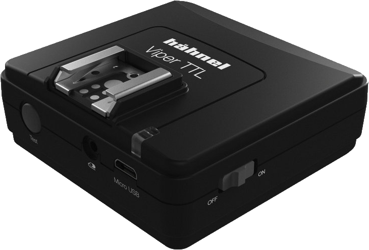 Mustassa Hähnel Viper TTL Receiver Canon -vastaanottimessa on salamakenkäkiinnitys, virtakytkin, mikro-USB-portti ja ohjauspainikkeet, jotka on suunniteltu Canon-valokuvauslaitteille.
