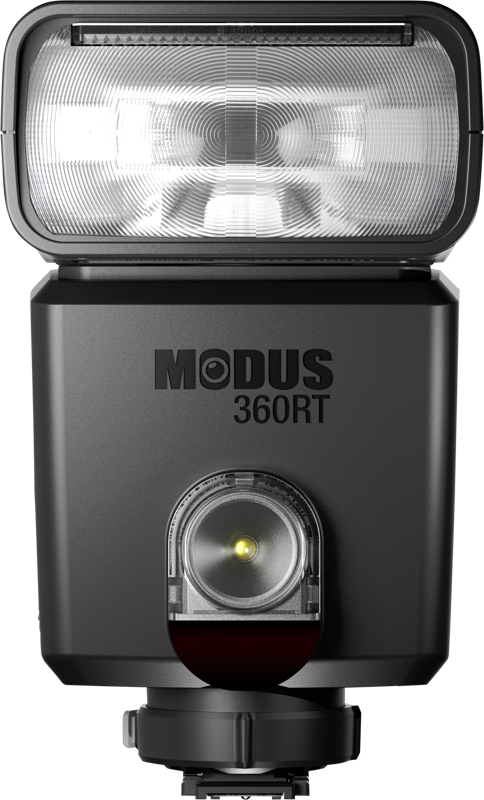 Close-up of a Hähnel Modus 360RT Speedlight MFT flash, highlighting the front lens, brand and control components.