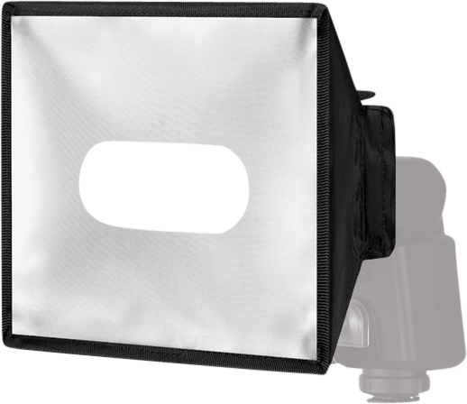 The Hähnel Module Softbox is a rectangular, white diffuser with a black border and an oval opening in the middle, designed to be attached to the camera's flash unit.