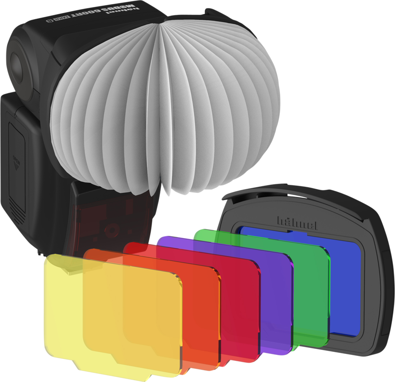 The Hähnel Module Creative Lantern Kit includes a black camera flash with a round white diffuser, six rectangular colour filters (yellow, orange, red, purple, blue, green) and a black filter holder.
