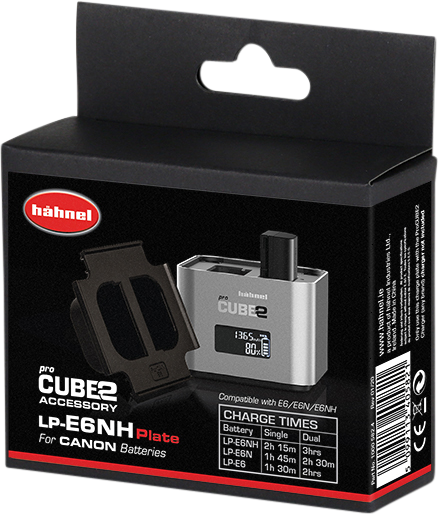 Mustapunaisessa Hähnel ProCUBE 2 -levyssä Canon LP-E6/LP-E6N/LP-E6NH -akuille on laturi, jossa on näyttö lataustietoja varten ja taulukko eri akkumallien latausajoista.