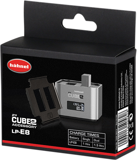 Hähnel ProCUBE 2 Plate for Canon LP-E8 Battery -laturi adapteri -laitteen musta laatikko näyttää laturin, akkulevyn ja latausajat yhdelle tai kahdelle akulle etupuolella.