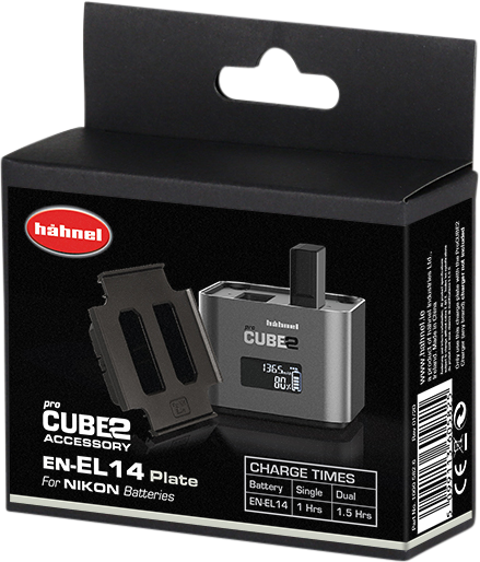 The black retail box of the Hähnel ProCUBE 2 Plate for Nikon EN-EL14 Battery Charger Adapter contains a charging plate, charger and a list of charging times for one and two Nikon batteries.