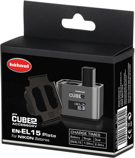 Hähnel ProCUBE 2 Plate for Nikon EN-EL15 Battery charger adapter box with a picture of the adapter on the front and charging times for one and two battery charges.