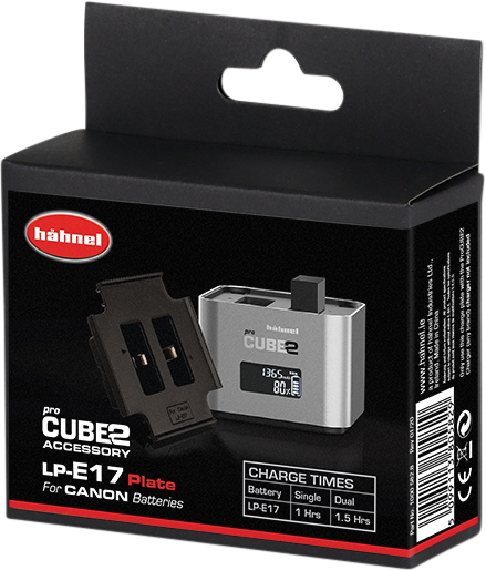 Mustapunaisessa vähittäismyyntipakkauksessa on Hähnel ProCUBE 2 Plate for Canon LP-E17 Battery -laturi adapteri, jossa on latauslevy ja laturi, jonka etupuolella on digitaalinen näyttö.