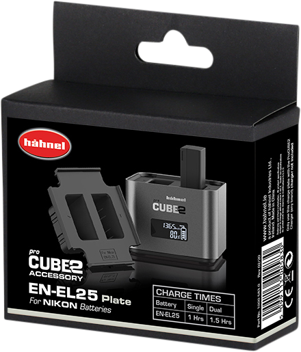 Hähnel ProCUBE 2 Plate for Nikon EN-EL25 Battery -laturi adapteri -laitteen mustassa laatikossa näkyy laturi, akkulevy ja latausaikataulukko etupuolella.