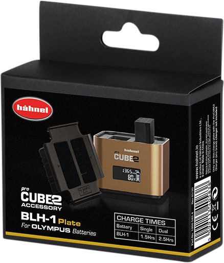 Hähnel ProCUBE 2 Plate for Olympus BLH-1 Battery -laturi adapteri -laitteen tuotepakkaus, jossa on kuvia latauslevystä ja laitteesta sekä latausajat etupuolella.