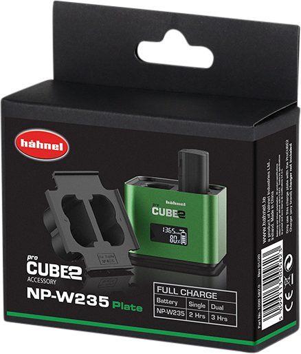 Hähnel ProCUBE 2 Plate for FujiFilm NP-W235 Battery -laturi adapteri -laitteen vähittäismyyntipakkaus sisältää laturin, akkulevyn, näytön ja latausajat yhdelle ja kahdelle NP-W235-akulle.