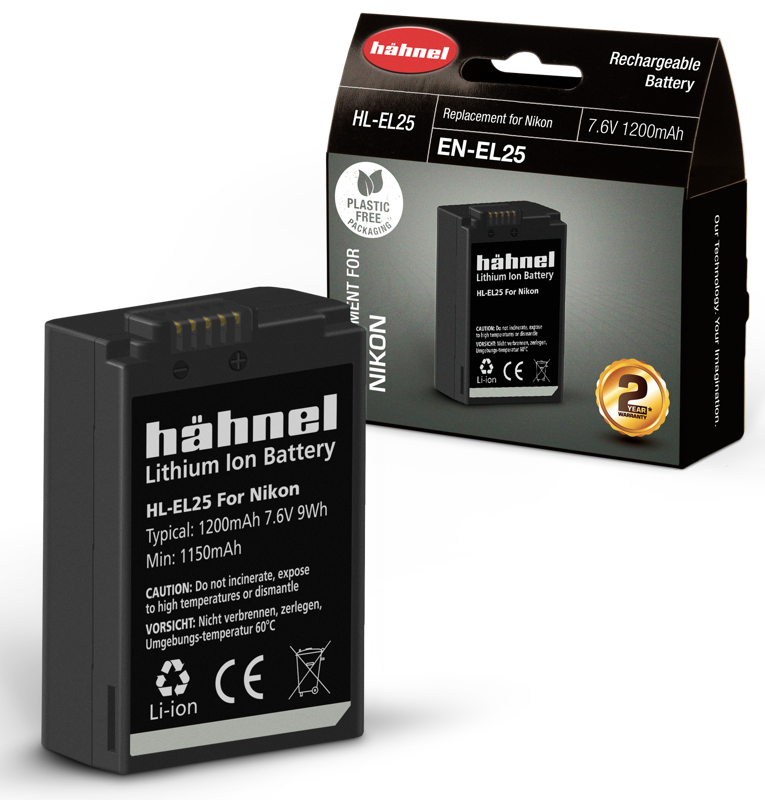 Hähnel-akku Nikon HL-EL25 / EN-EL25 -akku näkyy pystyasennossa mustan pakkauksensa edessä, jossa on tuotetiedot, tekniset tiedot ja 2 vuoden takuumerkki.