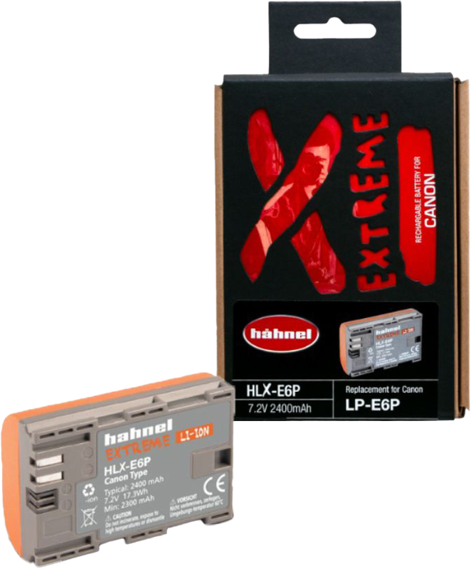Hähnel Extreme Canon HLX-E6P / LP-E6P -akku, joka näkyy laatikon edessä, on merkitty korvaavaksi Canon LP-E6P -akulle ja siinä on 7,2 V ja 2400 mAh kapasiteetti.