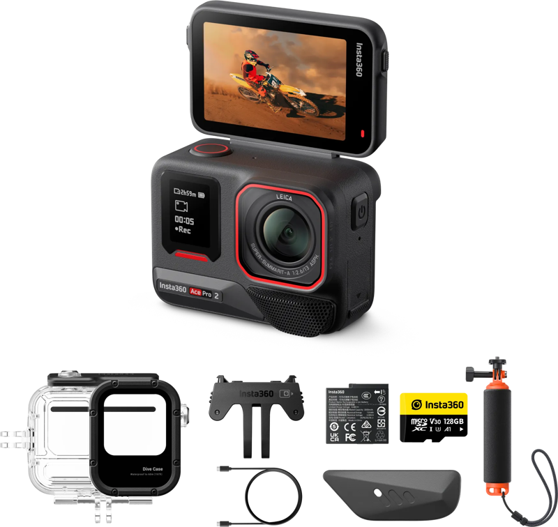 Mustan värinen Insta360 Ace Pro 2 Dive Bundle -toimintakamera on kuvassa käännettävällä näytöllä ja lisävarusteilla: vedenpitävä kotelo, kahva, akku, kaapeli, kiinnike ja 128 Gt:n microSD-kortti.