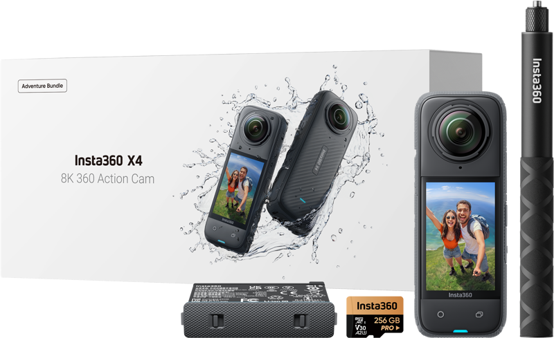 Insta360 X4 Adventure Bundle -actionkamera sisältää kameran, akun, 256 Gt:n microSD-kortin, näkymättömän selfie-kepin ja tuotepakkauksen, jossa kameran näytöllä näkyy kaksi henkilöä.