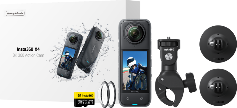 Insta360 X4 Motorcycle Bundle - actionkamera sisältää kameran, ohjaustankokiinnikkeen, kaksi linssisuojaa, kaksi tarrakiinnikettä, USB-kaapelin, 128 Gt microSD-kortin ja tuotepakkauksen.