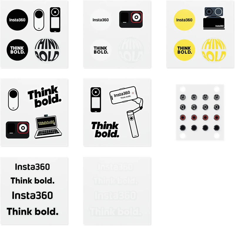 The Insta360 Button Sticker Set includes themed sticker sheets with cameras, the Insta360 logo, the slogan "Think bold.", camera icons and black, white and yellow patterns.