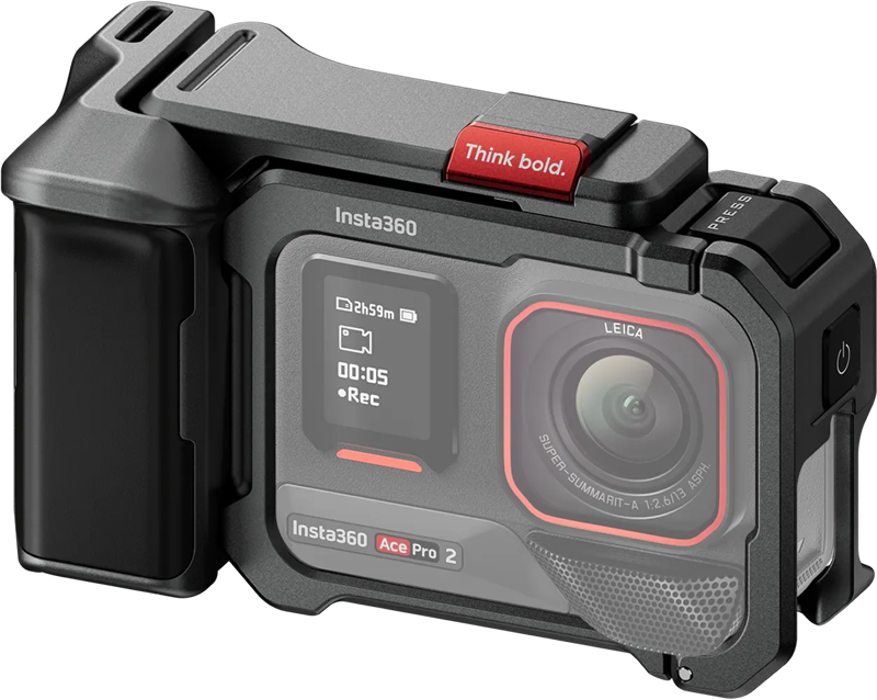 Silver Insta360 Ace Pro 2/Ace Pro Xplorer Grip Kit action camera with a large lens, storage space on the screen and a red button that says "Think bold.".