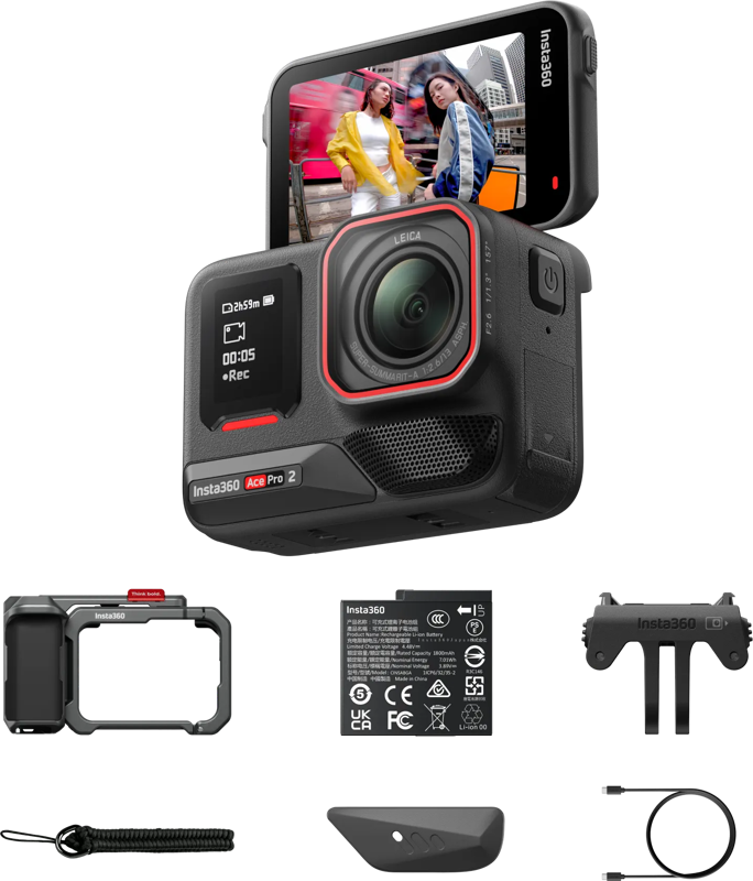 The Insta360 Ace Pro 2/Ace Pro Xplorer Grip Kit (Dark Grey) is a modular action camera with a two-woman swivel touchscreen presented with accessories: a mounting frame, battery, lens cover, grip, charging cable and bracket.