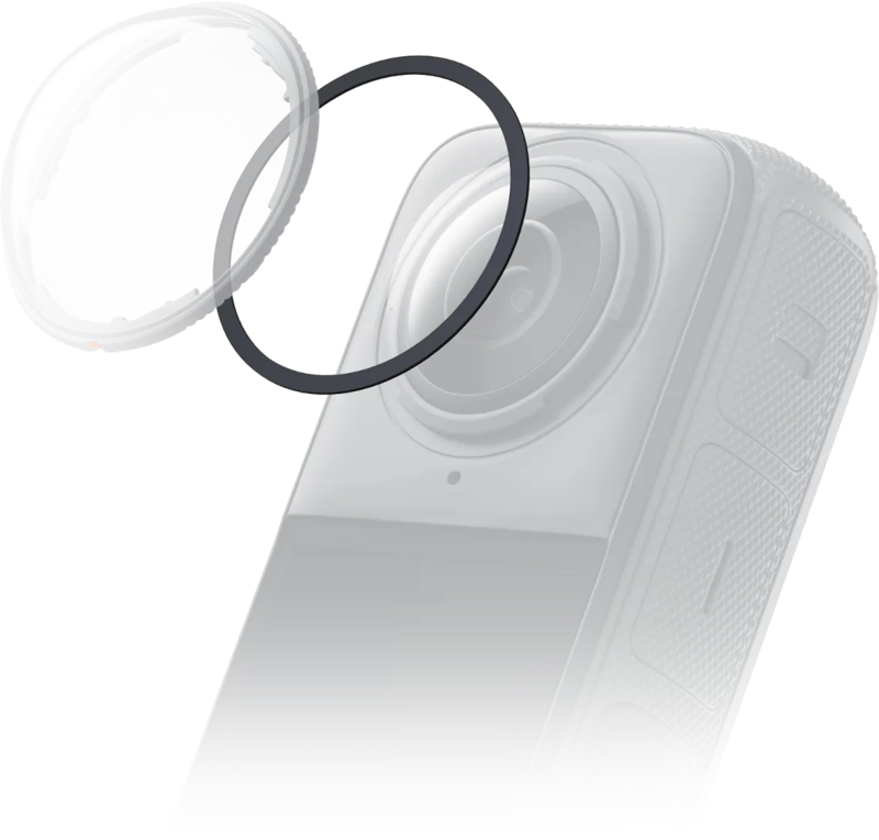 Lähikuvassa Insta360 X4 Lens Guard Winter Care Kit -linssisuoja kitti -linssisuojasta näkyy kaksi pyöreää linssisuojaa, yksi kirkas ja yksi tumma, jotka leijuvat kameran linssin yläpuolella vaaleaa taustaa vasten.