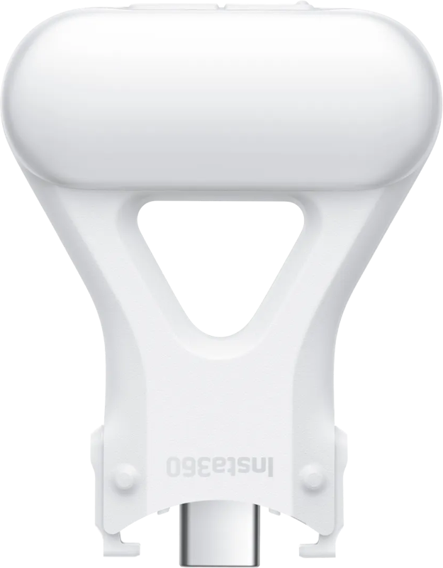 Tyylikkäässä valkoisessa Insta360 Flow 2 Pro Spotlight -led-valossa on kolmion muotoinen keskileikkaus, pyöristetty yläosa, sylinterinmuotoinen pohja ja käänteinen "Insta360"-logo alareunassa.