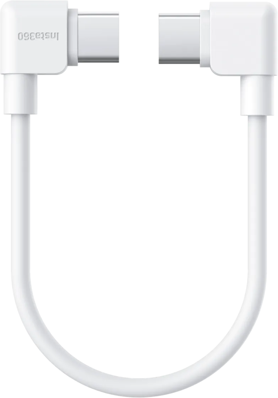 Insta360 Flow 2 Pro USB-C -latauskaapeli -kaapeli on lyhyt, valkoinen USB-C- ja USB-C-sovitin, jonka molemmissa päissä on suorakulmaiset liittimet, jotka on esitetty U-muodossa vaaleaa taustaa vasten.