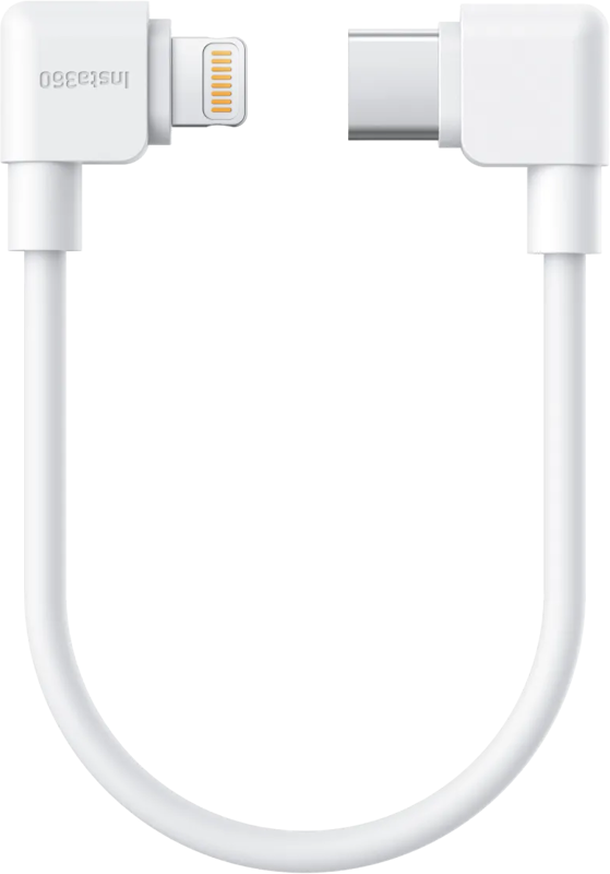 Insta360 Flow 2 Pro USB-C-Lightning-latauskaapeli -kaapeli on lyhyt valkoinen kaapeli, jossa on USB-C- ja Lightning-liittimet, jotka on järjestetty U-muotoon vaalealla pohjalla.