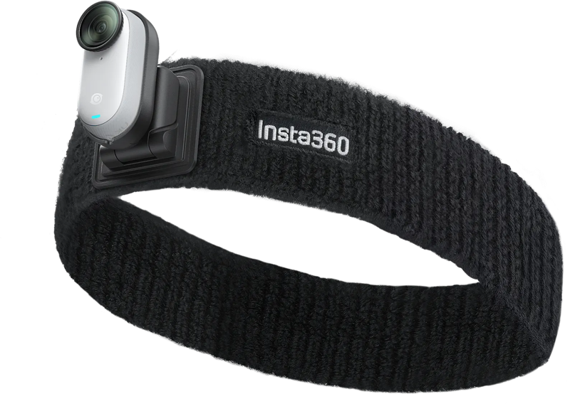 Insta360 GO 3/GO 3S Headband Pivot Mount -otsapantakiinnike on musta kuvioitu otsapanta, jossa on Insta360-logo ja pieni toimintakamera, joka on asennettu vasemmalle etupuolelle.
