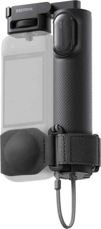 Insta360 Foldable 2-in-1 Selfie Stick (1/4" Mount) on musta käsikahva, jossa on hihna ja kiinnityslenkki ja jossa on osittain näkyvä älypuhelin, joka on suunniteltu tarjoamaan vakautta valokuvausta tai videokuvausta varten.