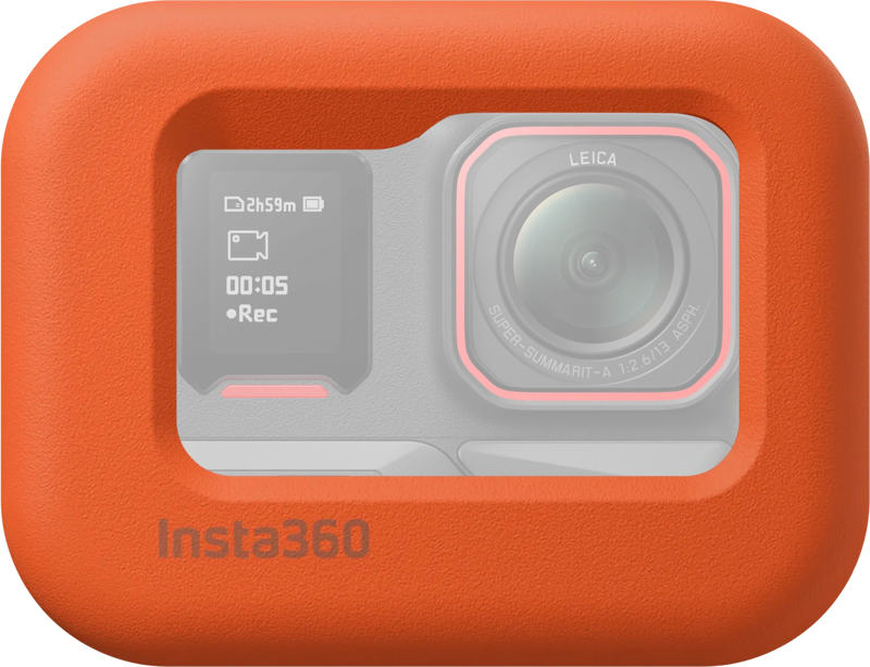 The Insta360 Ace Pro 2 is visible through the bright front window of the orange Insta360 Ace Pro Float Guard bell housing, with its lens and recording screen visible.