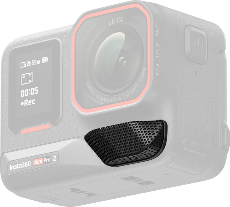 Lähikuva Insta360 Ace Pro 2 Wind Guard -tuulisuojasta, jossa korostuvat objektiivi Leica-brändäyksellä, tallennustietoja näyttävä näyttö ja kuvioitu mikrofonialue etupuolella.