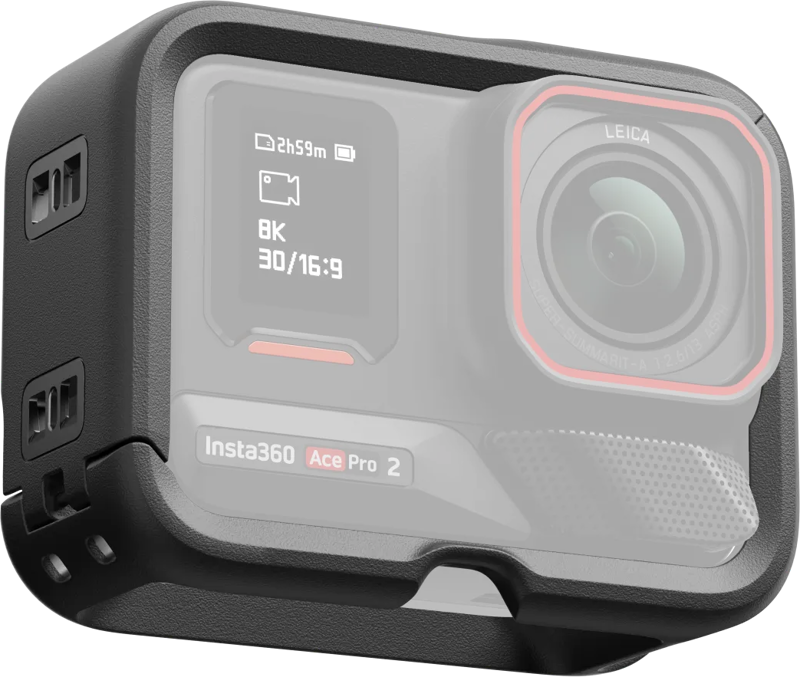 Insta360 Ace Pro 2 / Ace Pro Vertical-Horizontal Mount on kestävä musta kehys, joka ympäröi osittain Insta360 Ace Pro 2 -toimintakameran ja tarjoaa lisäsuojaa ja ylimääräisiä kiinnityspisteitä.