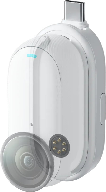 Insta360 GO 3/GO 3S Quick Reader -lukija on pienikokoinen, valkoinen laite, jossa on pyöreä linssi ja USB-C-liitin, ja se on esitetty läpinäkyvällä päällysteellä, joka paljastaa sen sisäiset komponentit tavallista taustaa vasten.