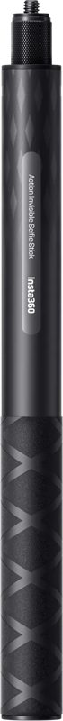 Lieriönmuotoinen musta Insta360 Action Invisible Selfie Stick, jossa on kuvioitu, timanttikuvioitu pinta, metallinen ulkonäkö ja kierteitys yläpäässä.