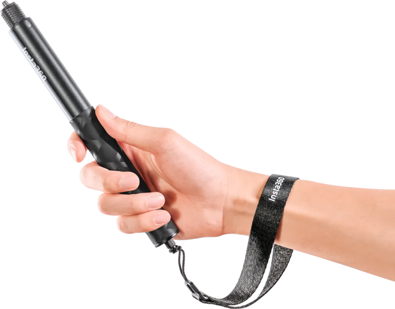 The Insta360 Selfie Stick Wrist Strap features a black telescopic stick with a textured handle and a black wrist strap, against a light background.