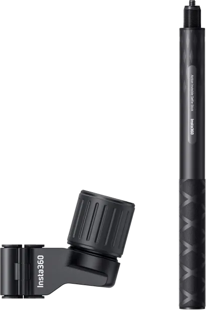 The black Insta360 Ski Pole Mount skiing bracket set with telescopic extension pole, textured handle and adjustable bracket is shown on a light grey background.