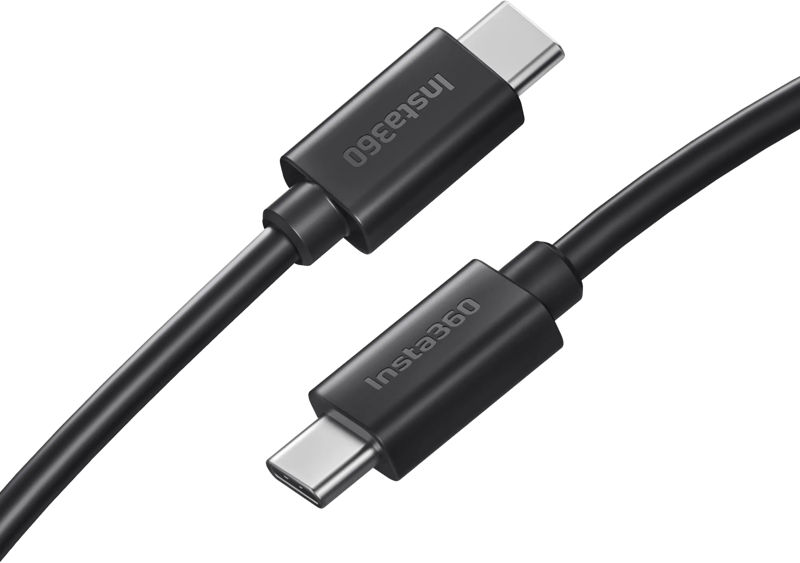 800q-01_134019 The Insta360 Ace/Ace Pro Type-C to C Cable is a black USB-C to USB-C cable with the Insta360 branding on both connectors on a light grey background.