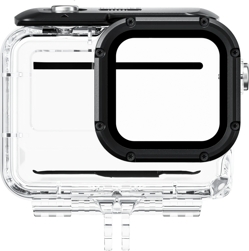 Insta360 Ace Pro Dive Case -sukelluskotelo on kirkas, vedenpitävä kotelo, jossa on musta runko, yläpainike ja pohjasalpa ja joka on suunniteltu suojaamaan GoPro-tyylistä toimintakameraa vedenalaisissa seikkailuissa.