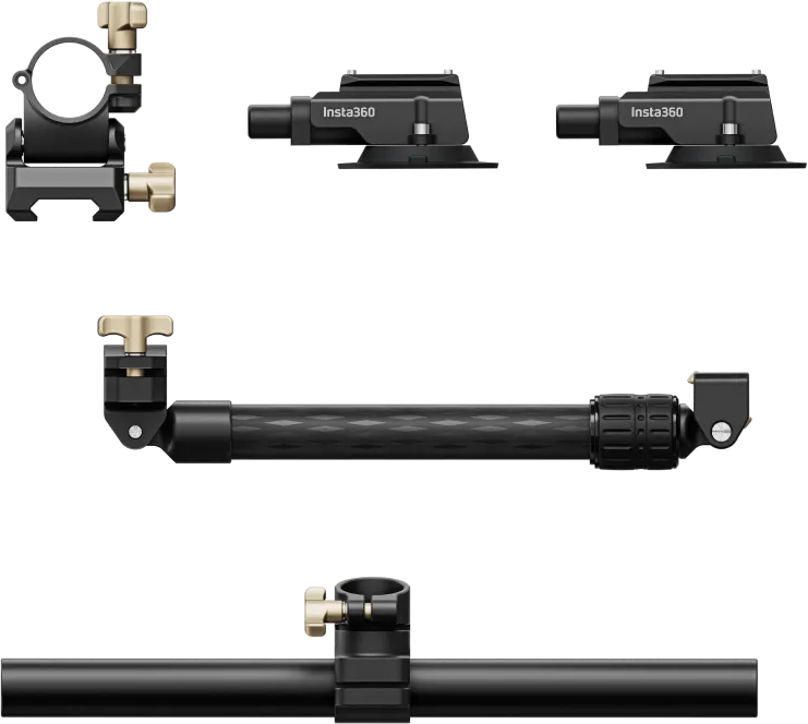 Viisi Insta360 Dual Suction Cup Car Mount -autokiinnike-lisävarustetta - kaksi kiinnikettä, kaksi imupohjaa ja säädettävä jatkovarsi - ovat mustia ja kultaisia ja näkyvät tavallista taustaa vasten.