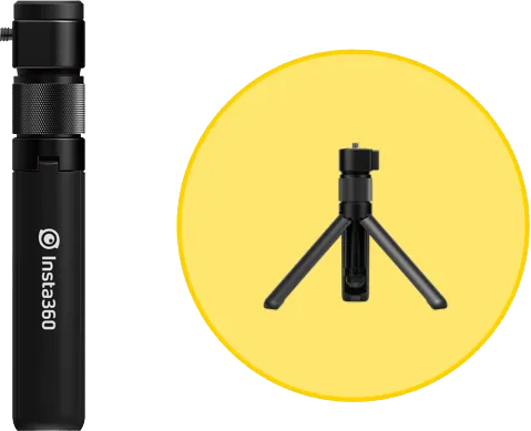 Vasemmalla näkyy musta Insta360 Bullet Time Handle (kolmijalka) -kuvauskahva, ja oikealla sama tuote on esitetty kompaktina kolmijalkaisena laajennettuna keltaisella ympyränmuotoisella taustalla.