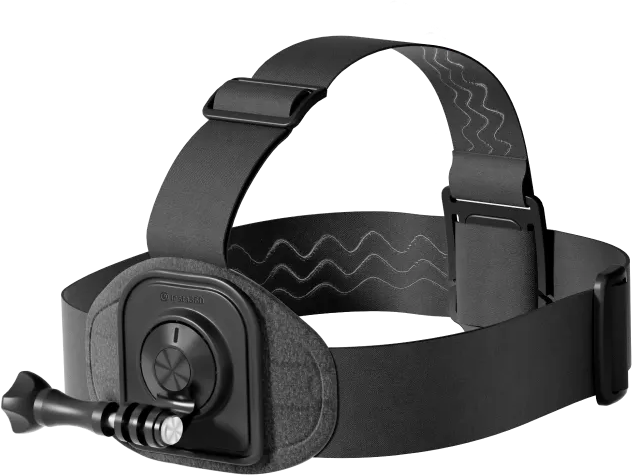 Insta360 Head Strap -pääkiinnike on musta säädettävä päähihna, jossa on kankainen etulevy ja kameran kiinnitysruuvi ja joka on suunniteltu kädet vapaana käytettäväksi toimintakameroiden kanssa.