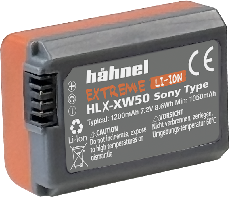 Hähnel Battery Extreme Sony HLX-XW50 -akku on litiumioniakku, jossa on oranssit sivut, merkintä 7,2 V ja tyypillinen kapasiteetti 1200 mAh. Varoituskuvakkeet ja turvallisuusohjeet on painettu etikettiin.