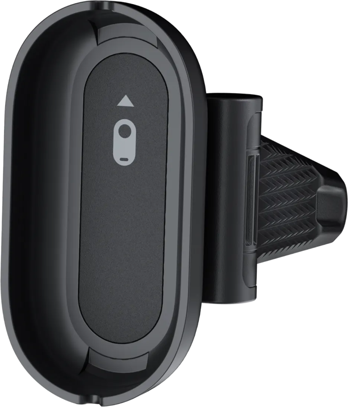 Insta360 GO 3/GO 3S In-Helmet POV Mount -kypäräkiinnikkeen yläkuvasta näkyy sen soikea kiinnike, jossa on kuvioitu, kumipäällysteinen pidike, joka on suunniteltu kiinnitettäväksi turvallisesti kypärän sisään.